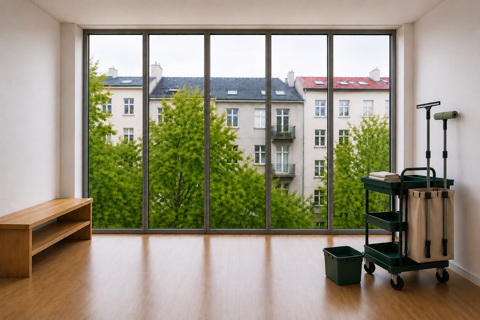 Klar geputzte Fensterfront, ohne Personen.