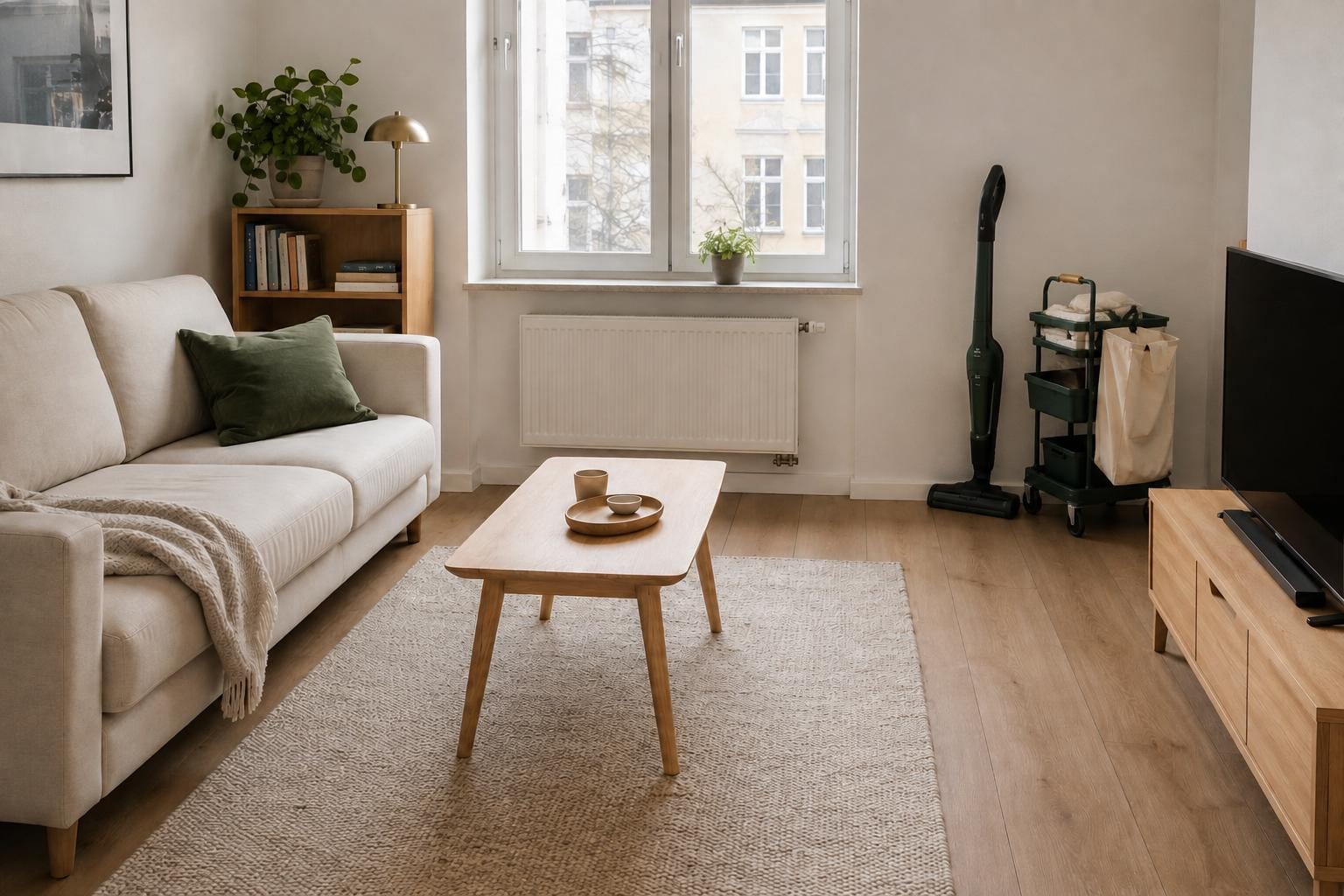 Helle, moderne Wohnung nach der Reinigung, ohne Personen.