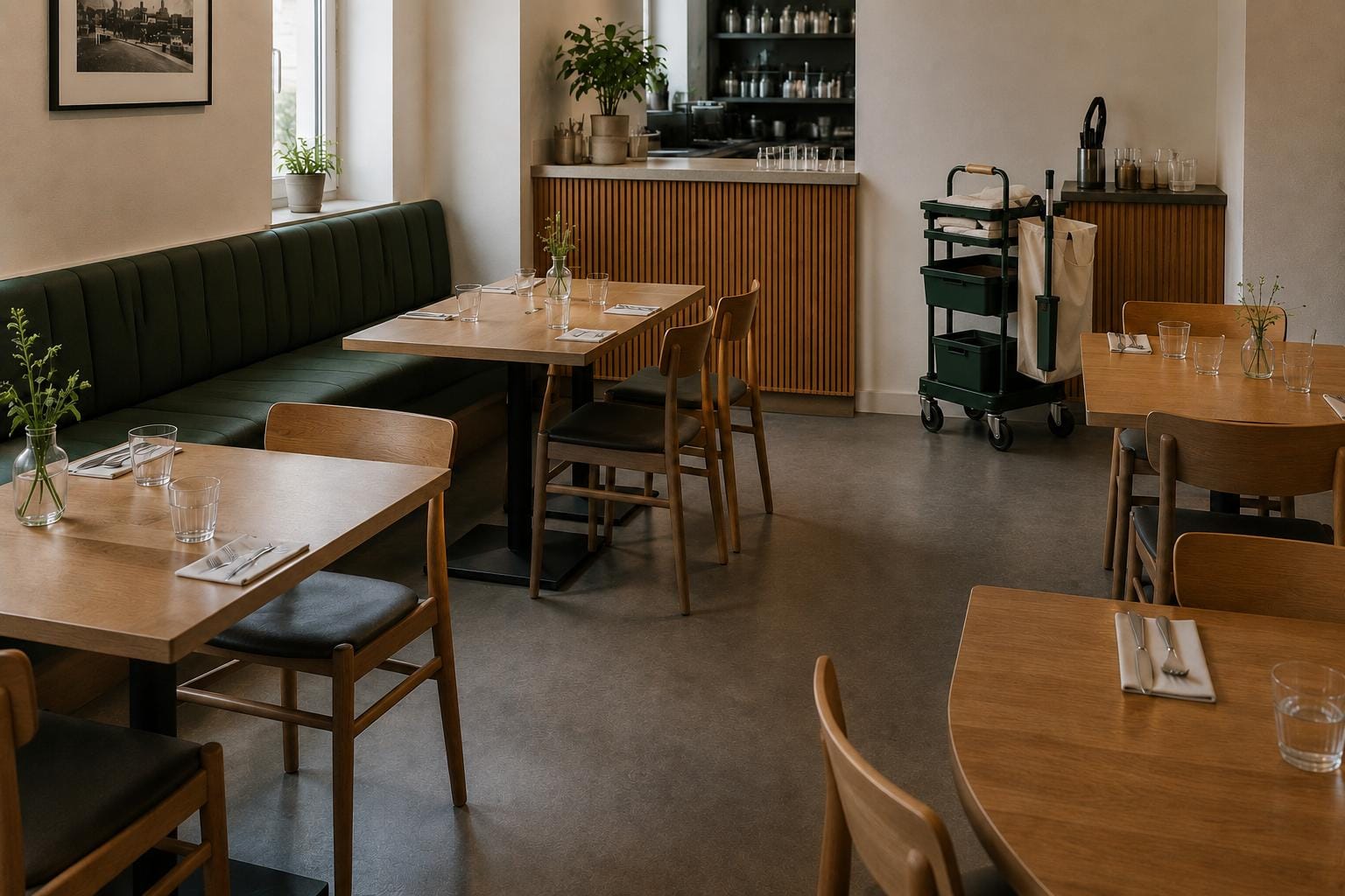 Sauberes, eingedecktes Restaurant, ohne Gäste.