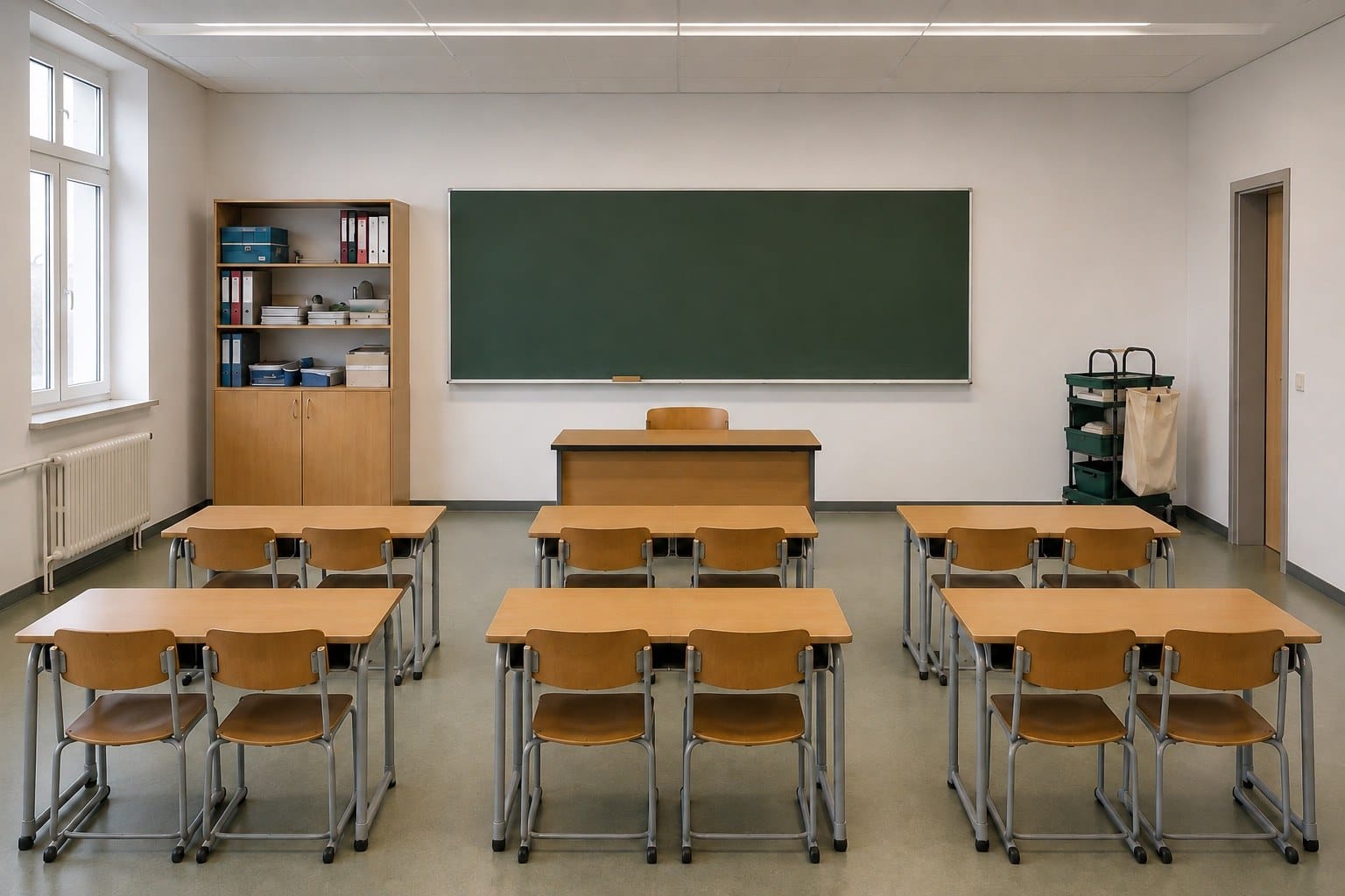 Sauberer Klassenraum oder Schulflur, ohne Personen.