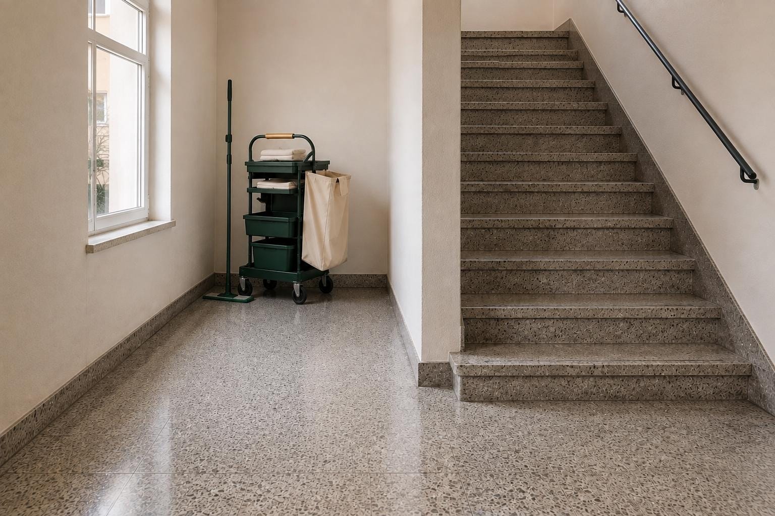 Sauberes Treppenhaus oder Hauseingang, ohne Personen.