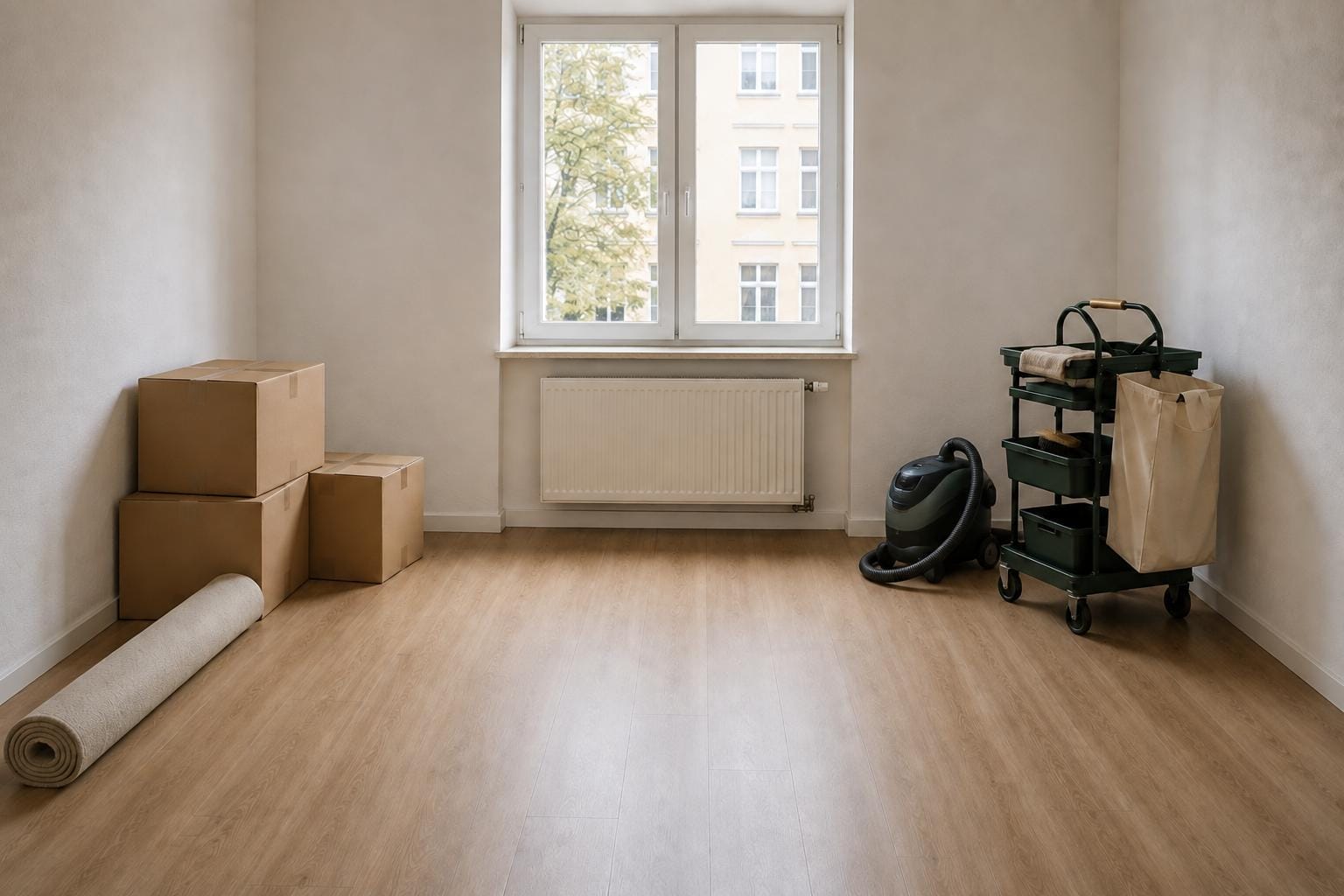 Leerer, frisch gereinigter Raum nach Renovierung, ohne Handwerker.