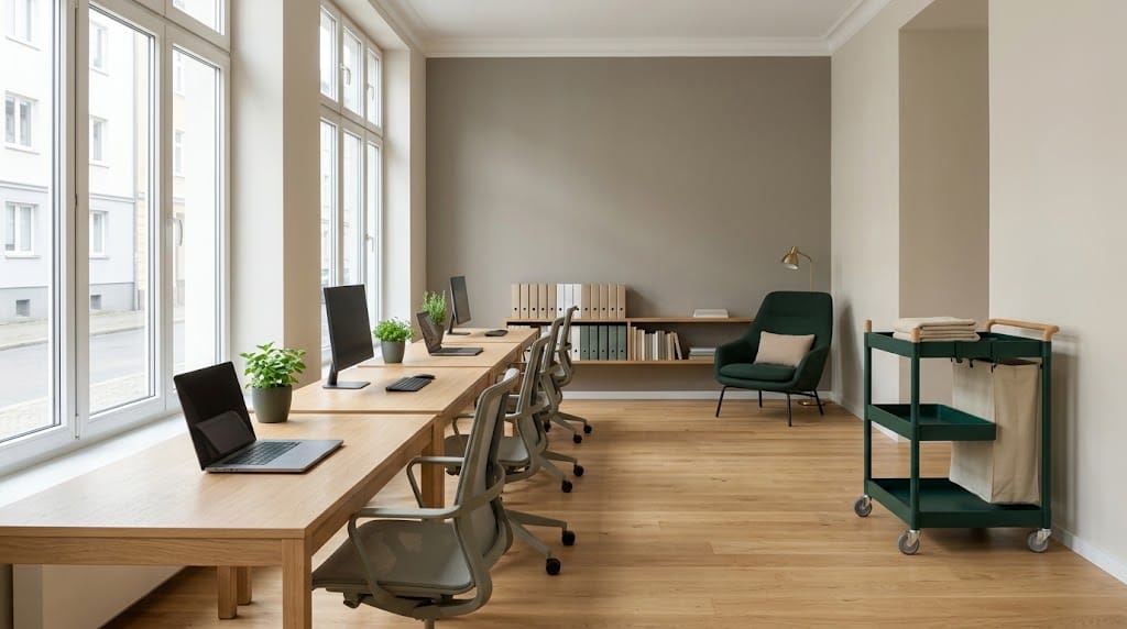 Helles, frisch gereinigtes Büro mit aufgeräumten Arbeitsplätzen.